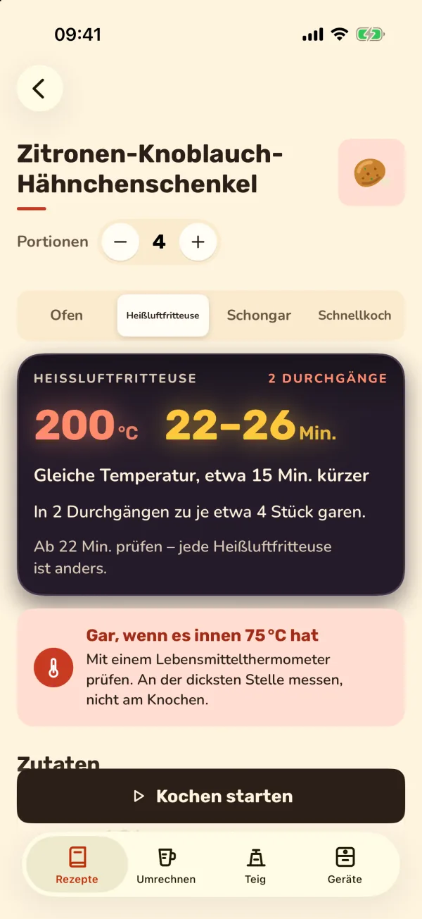 Ein Rezept für die Heißluftfritteuse umgerechnet: Temperatur, Zeit und Portionen