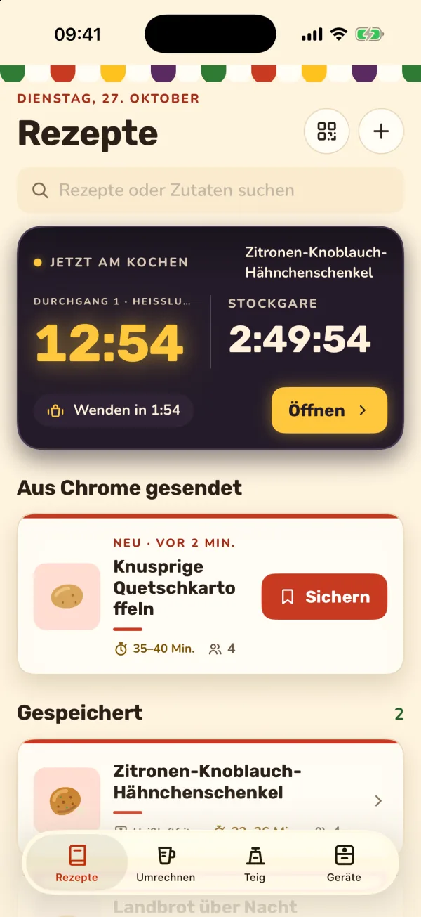 Aus Chrome gesendete Rezepte warten auf dem Startbildschirm, bis Sie sie speichern
