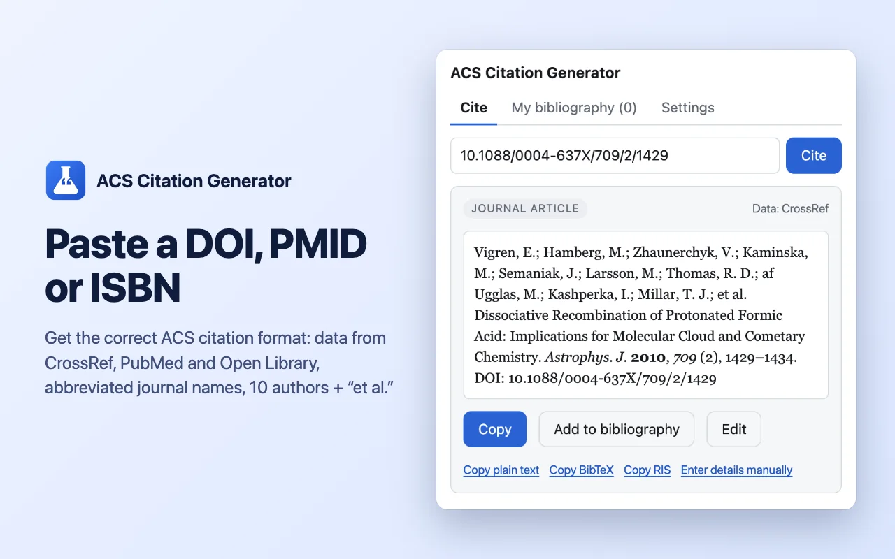 Pasting a DOI, PMID or ISBN to create an ACS reference