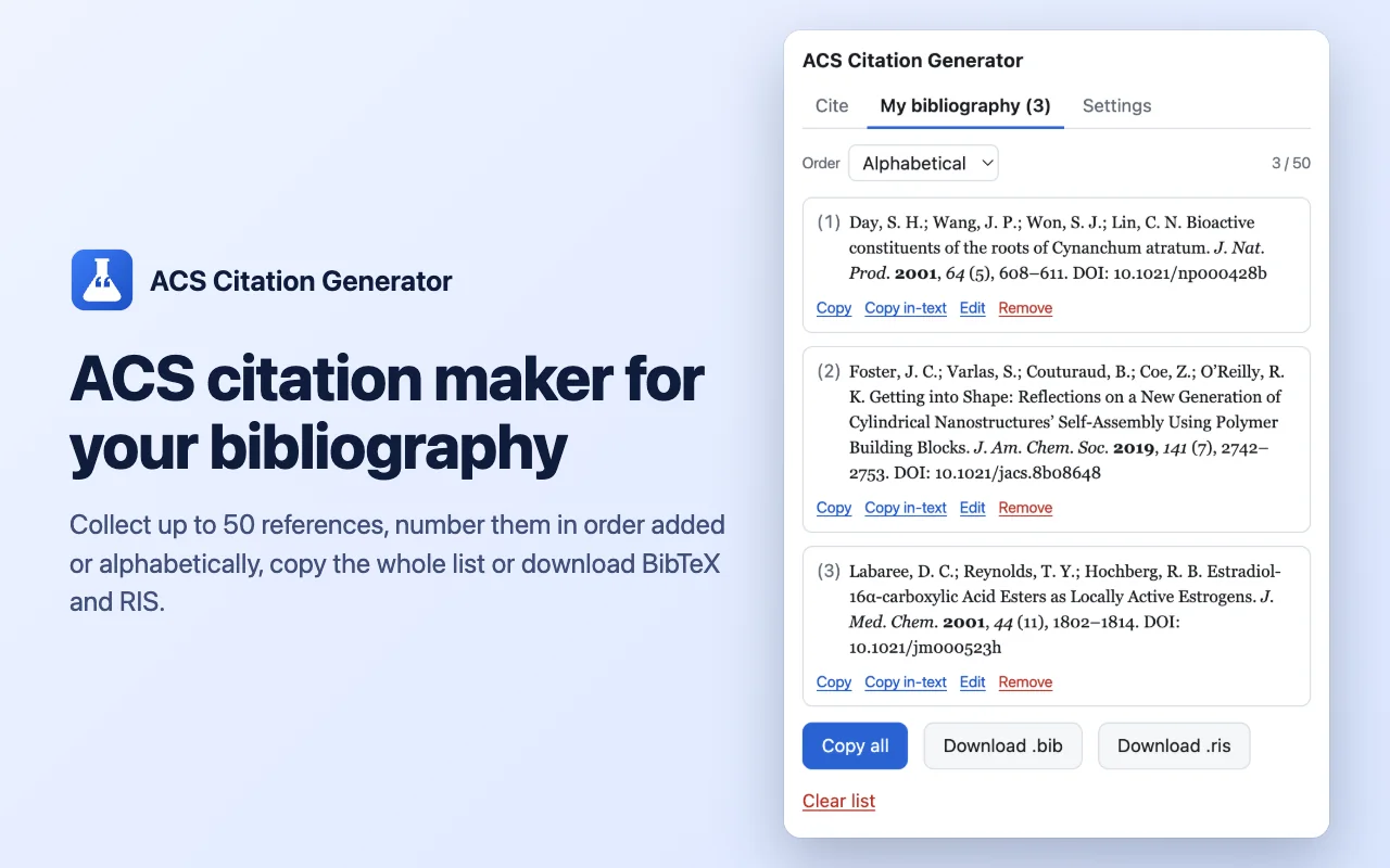 Bibliography of ACS references with BibTeX and RIS export