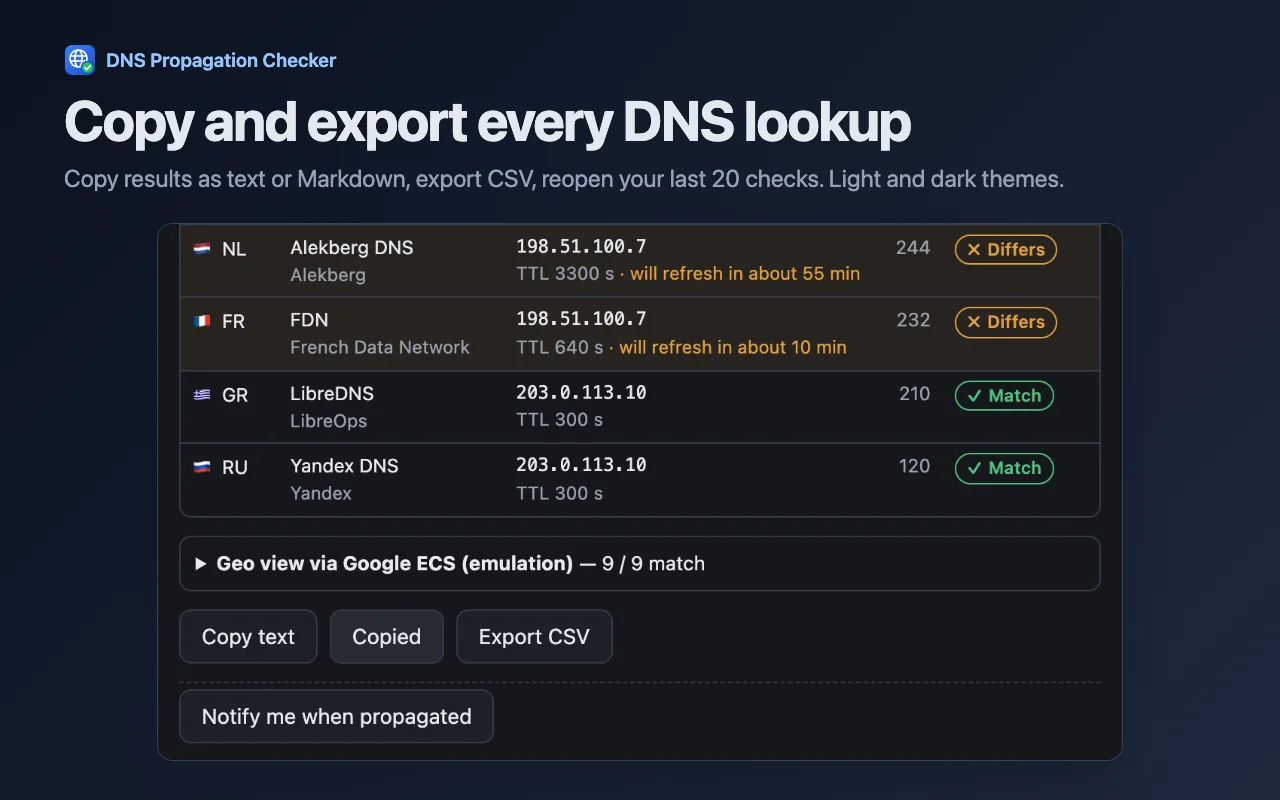 Dark theme with copy and CSV export of the results