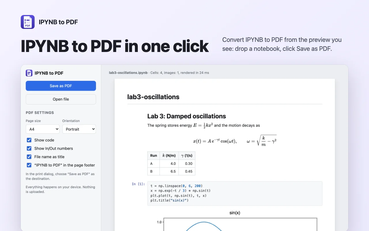 IPYNB to PDF-converter met een live preview van een notebook en de PDF-instellingen