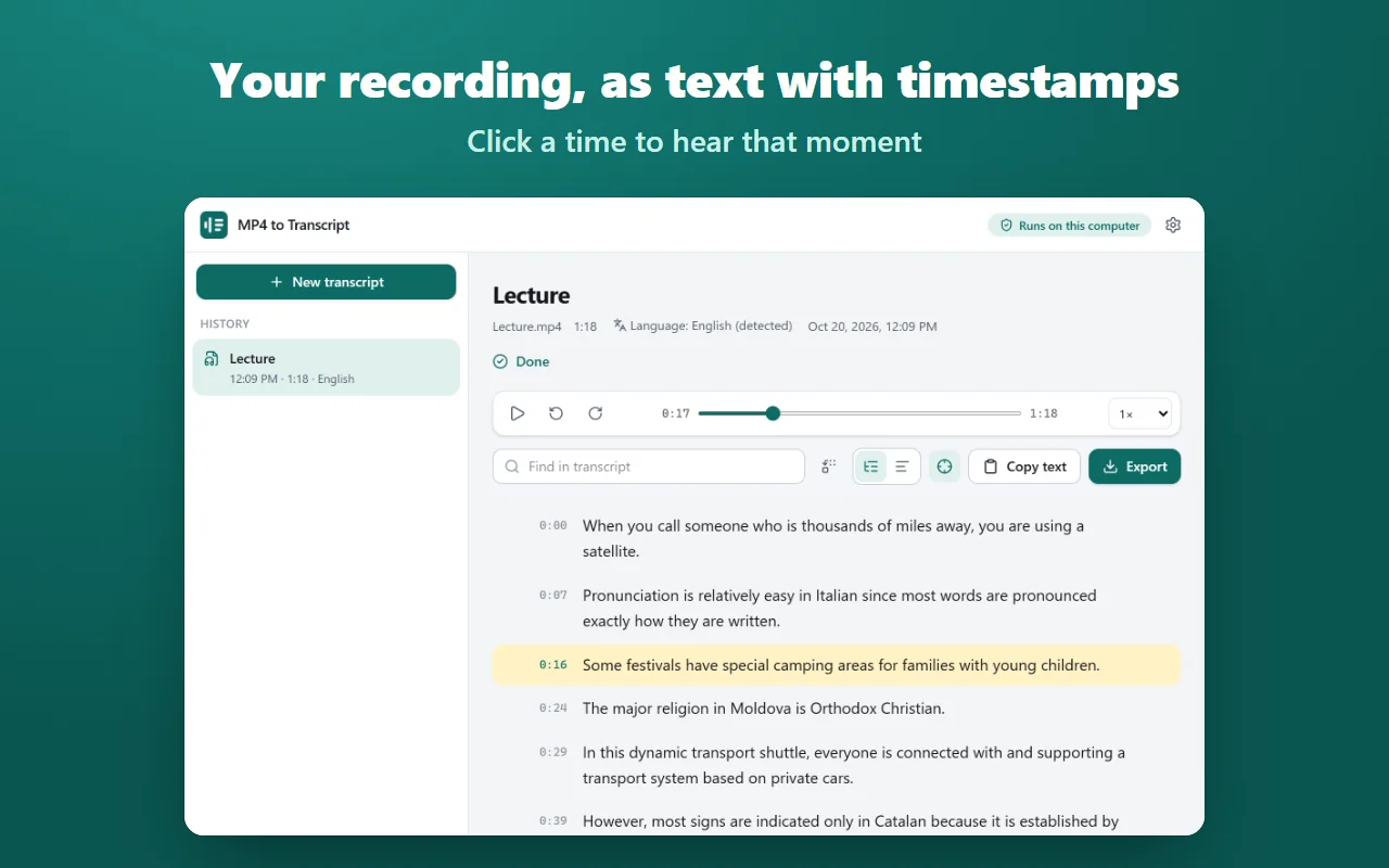 MP4 to Transcript showing a finished transcript with clickable timestamps and the player
