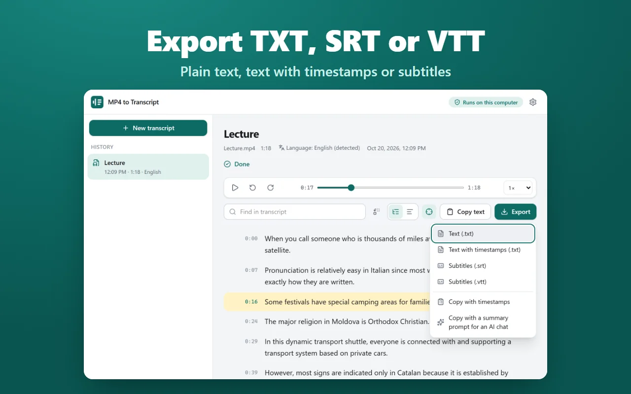 The export menu with text, text with timestamps, SRT and VTT