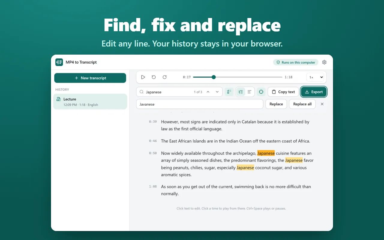 Find and replace in a transcript