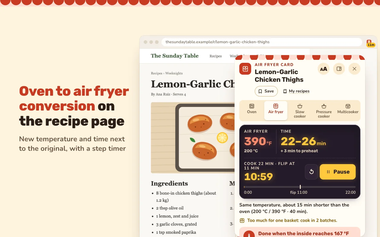 Oven to Air Fryer Conversion card on a recipe page with the air fryer temperature and time