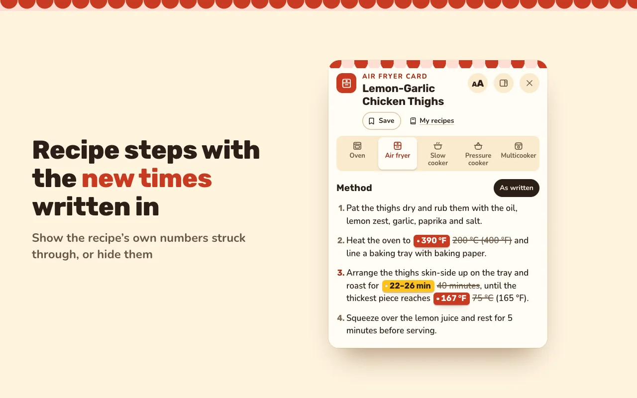 Recipe steps with the converted times and temperatures written in