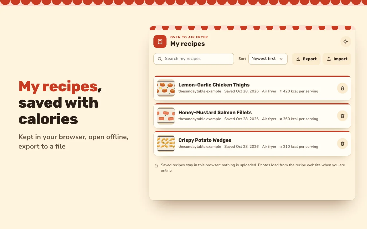 My recipes: saved recipes with calories, kept in the browser