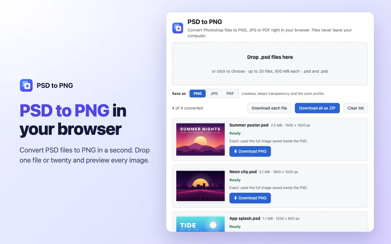 A batch of Photoshop files converted to PNG on the PSD to PNG page