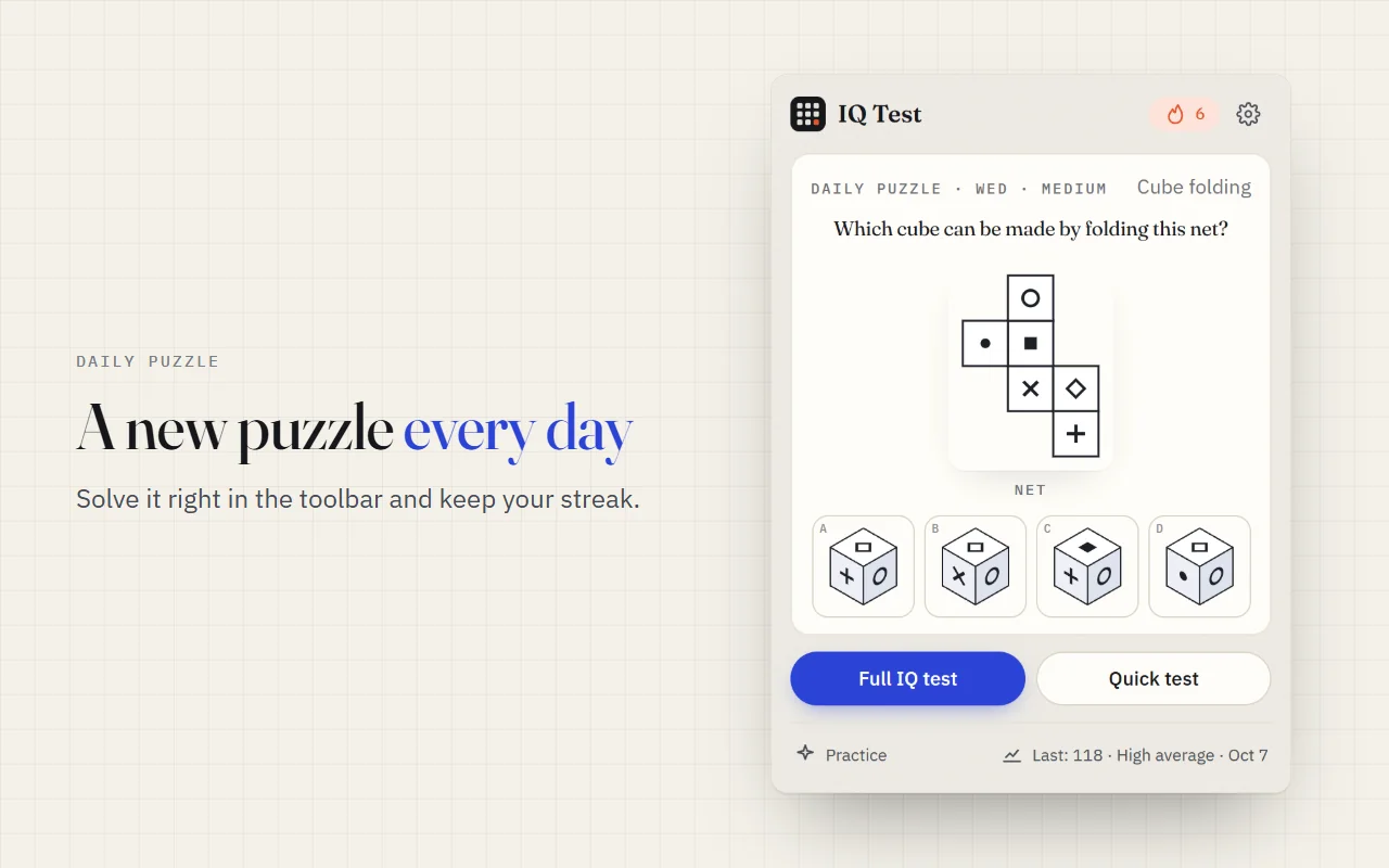 The daily puzzle in the toolbar popup with a cube-folding question and a streak
