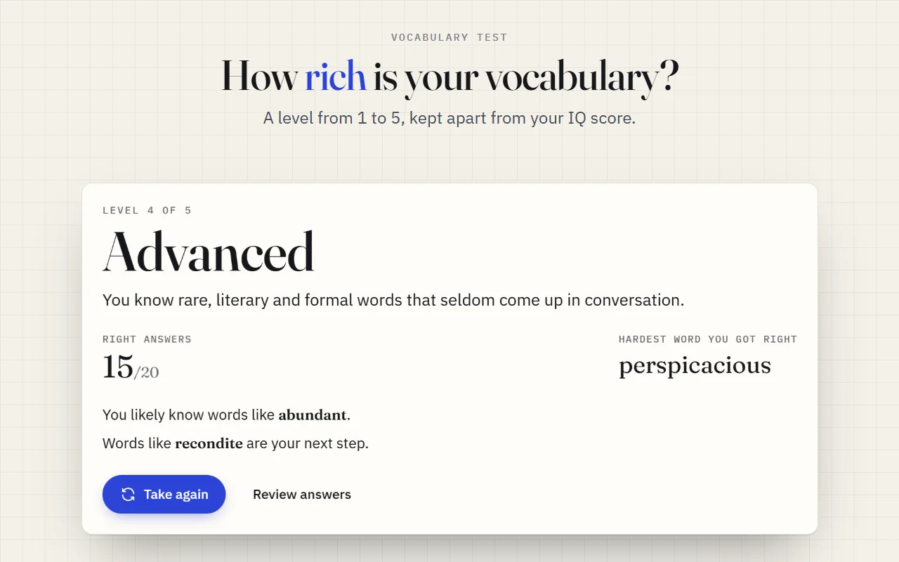 Vocabulary test result with a level from 1 to 5 and the hardest word answered