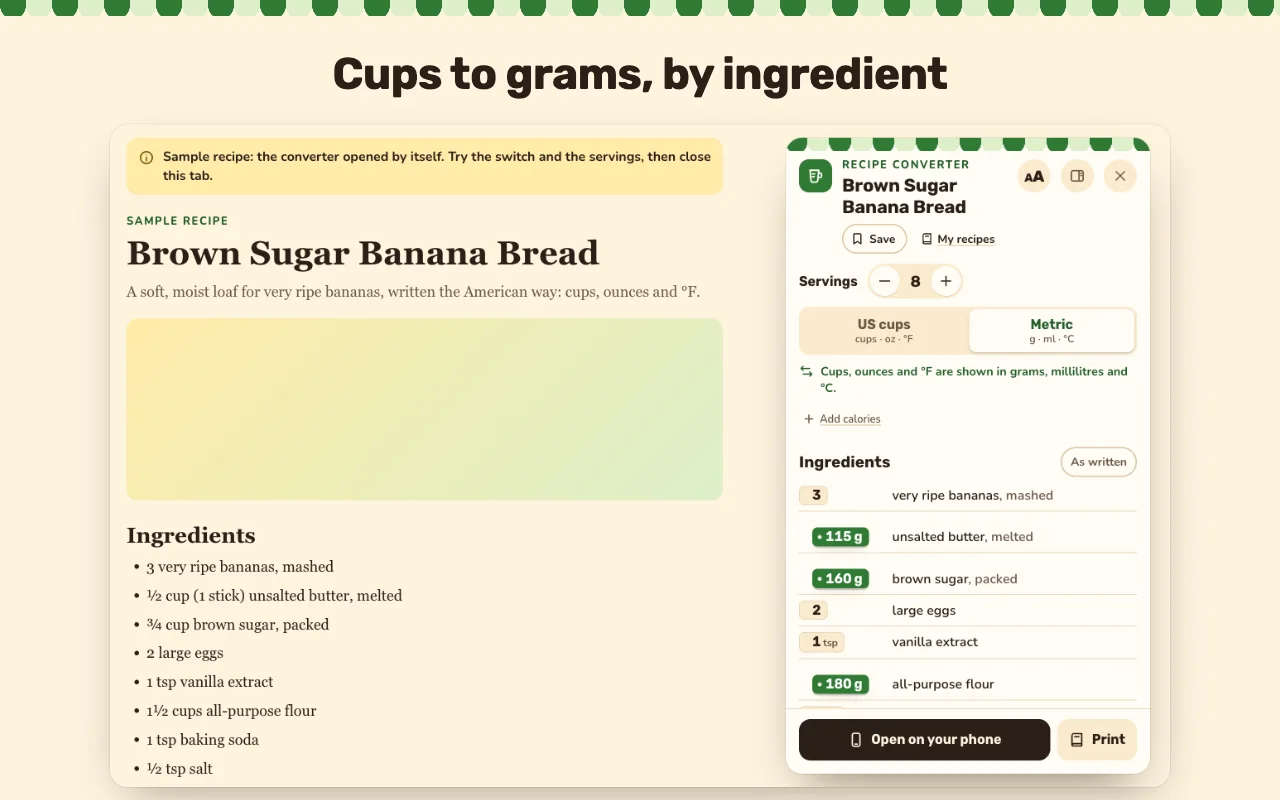 Recipe Converter card on a recipe page, switched from US cups to metric grams
