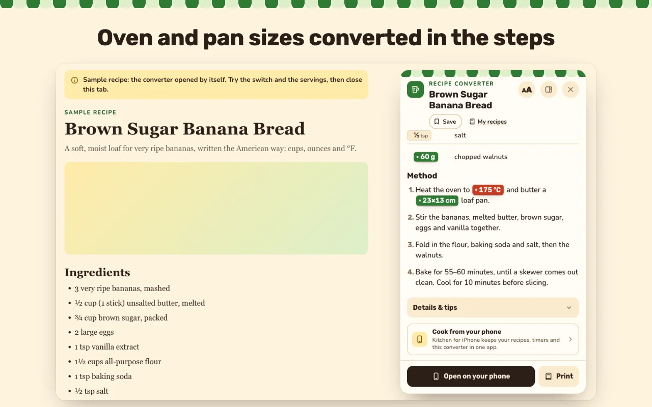 Oven temperature and pan size converted inside the steps