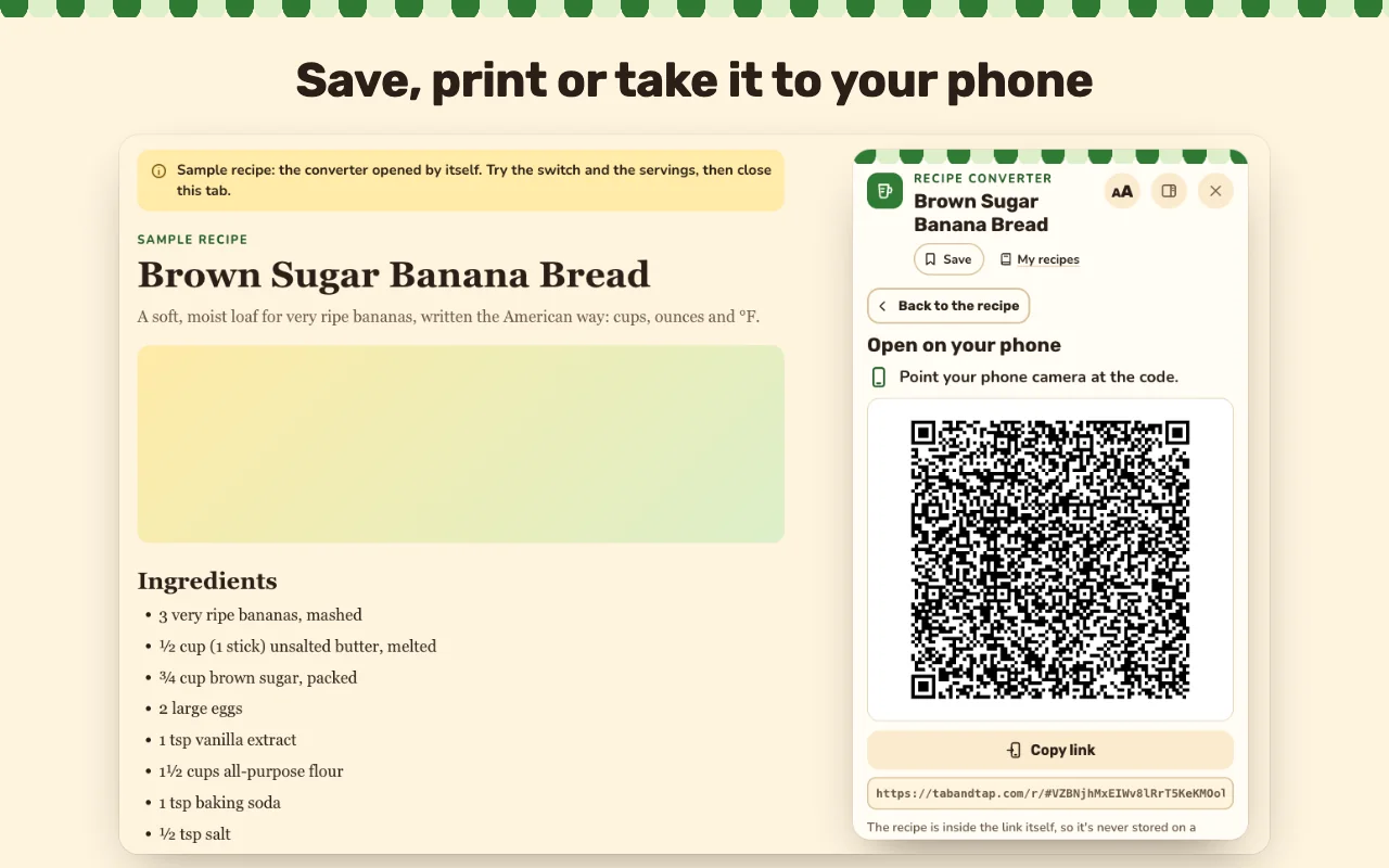 Save, print or open the recipe on your phone with a QR code