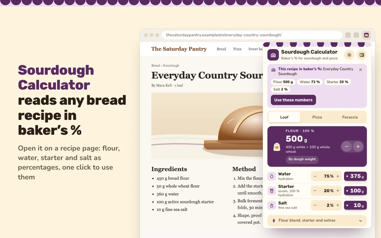 Sourdough Calculator reading a bread recipe page in baker's percentages