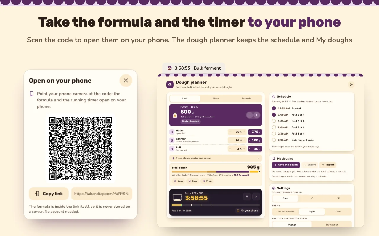 Open the formula and the timer on your phone; the full-page dough planner