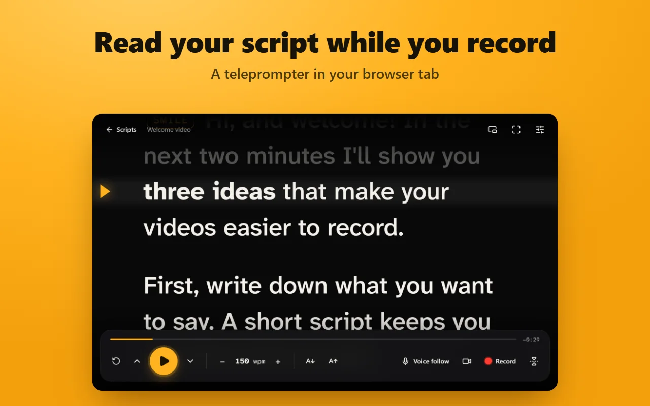 주황색 읽기 기준선과 속도 조절이 보이는, 브라우저 탭에서 대본을 읽는 Teleprompter App